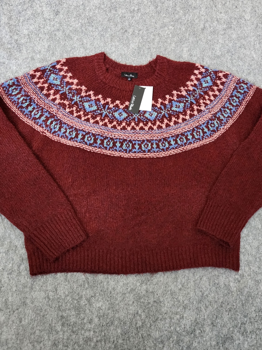 NWT Lea & Viola Fair Isle Knit Sweater Women's L Burgundy Red Resort Winter